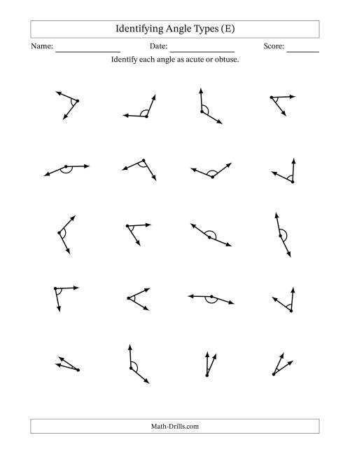 The Identifying Acute And Obtuse Angles With Angle Marks (E) Math Worksheet