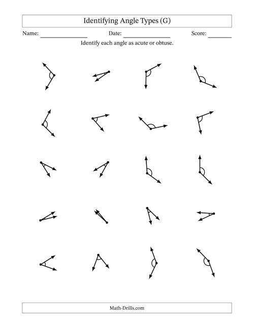 The Identifying Acute And Obtuse Angles With Angle Marks (G) Math Worksheet