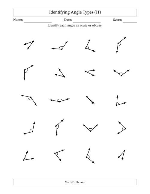 The Identifying Acute And Obtuse Angles With Angle Marks (H) Math Worksheet