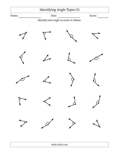The Identifying Acute And Obtuse Angles With Angle Marks (J) Math Worksheet