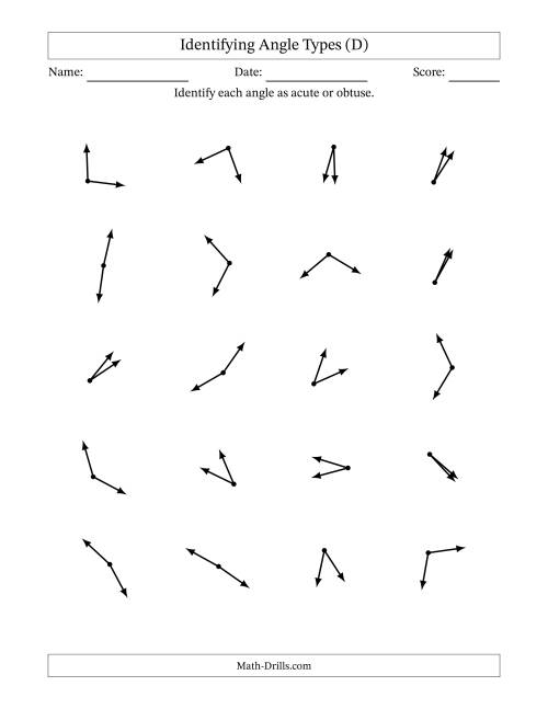 The Identifying Acute And Obtuse Angles Without Angle Marks (D) Math Worksheet