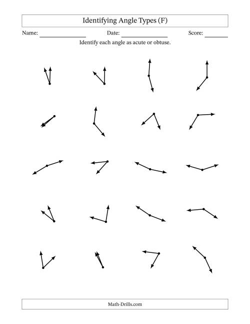 The Identifying Acute And Obtuse Angles Without Angle Marks (F) Math Worksheet