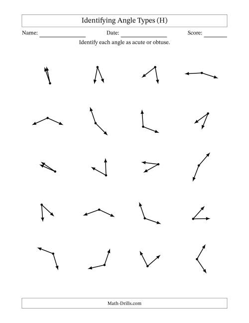 The Identifying Acute And Obtuse Angles Without Angle Marks (H) Math Worksheet
