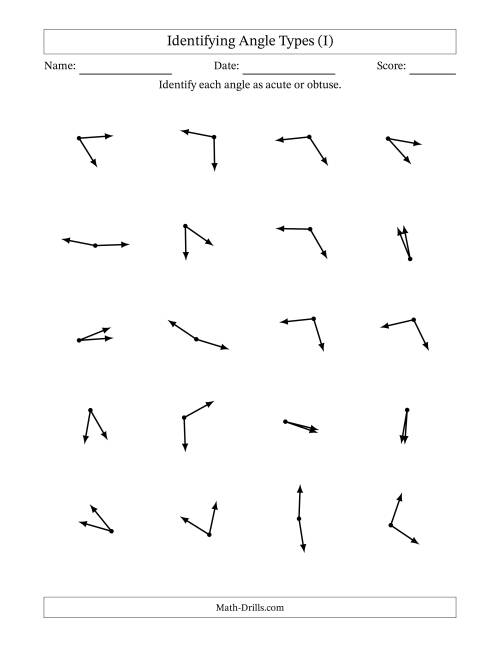 The Identifying Acute And Obtuse Angles Without Angle Marks (I) Math Worksheet