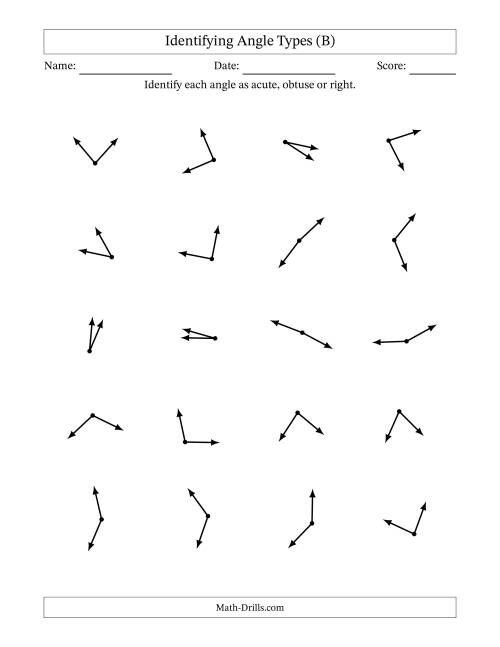 The Identifying Acute, Obtuse And Right Angles Without Angle Marks (B) Math Worksheet