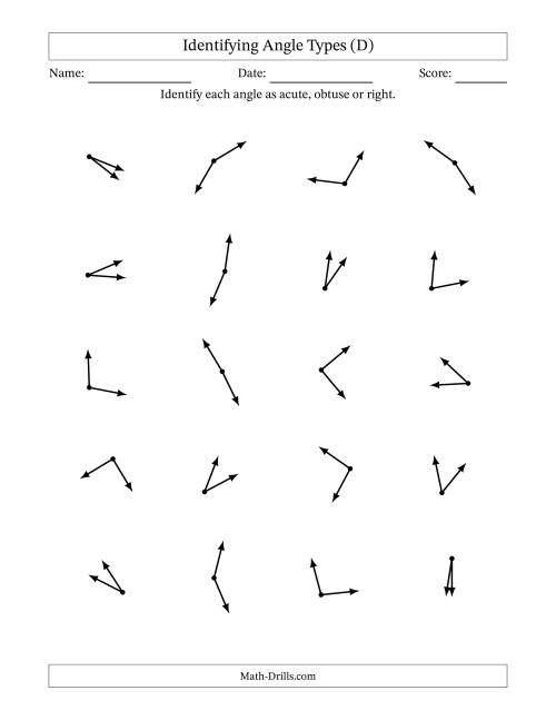 The Identifying Acute, Obtuse And Right Angles Without Angle Marks (D) Math Worksheet