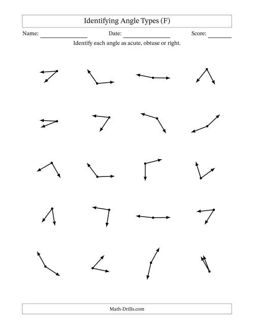 The Identifying Acute, Obtuse And Right Angles Without Angle Marks (F) Math Worksheet