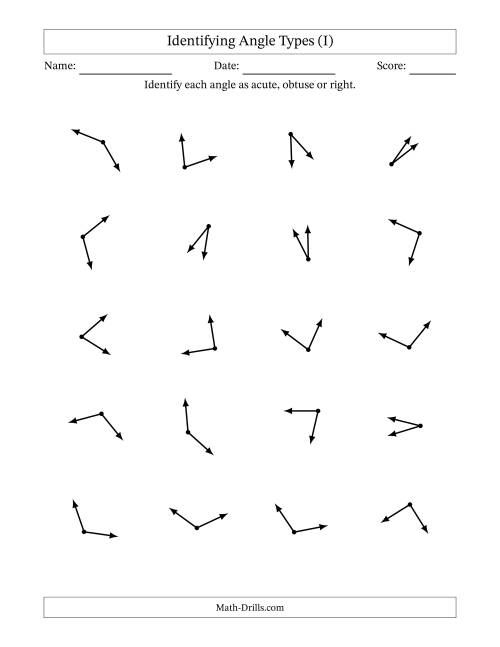 The Identifying Acute, Obtuse And Right Angles Without Angle Marks (I) Math Worksheet