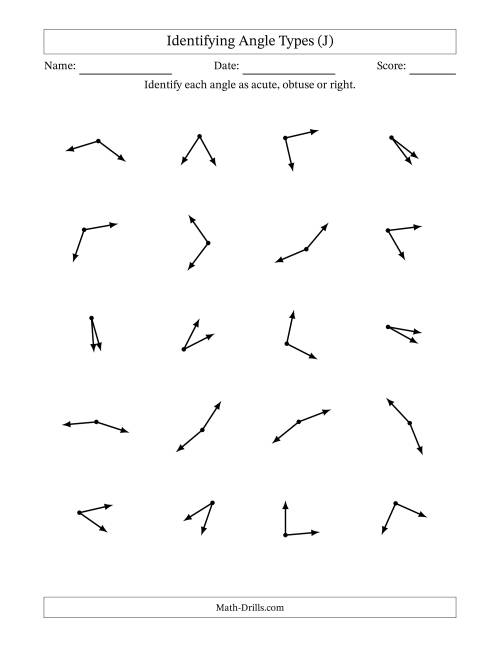 The Identifying Acute, Obtuse And Right Angles Without Angle Marks (J) Math Worksheet
