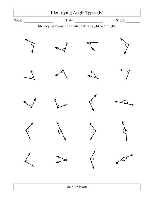 The Identifying Acute, Obtuse, Right And Straight Angles With Angle Marks (B) Math Worksheet