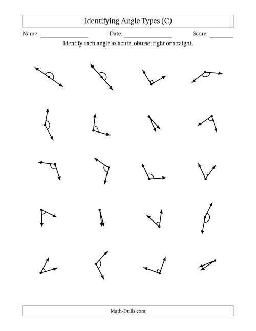 The Identifying Acute, Obtuse, Right And Straight Angles With Angle Marks (C) Math Worksheet