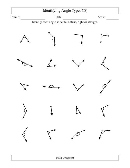 The Identifying Acute, Obtuse, Right And Straight Angles With Angle Marks (D) Math Worksheet