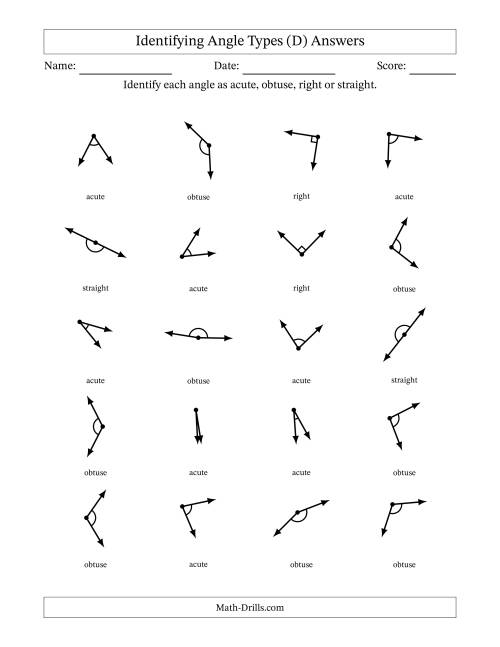 The Identifying Acute, Obtuse, Right And Straight Angles With Angle Marks (D) Math Worksheet Page 2