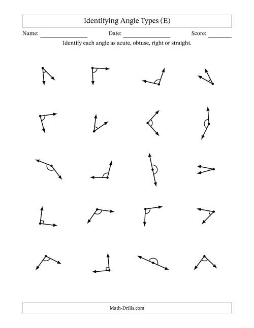 The Identifying Acute, Obtuse, Right And Straight Angles With Angle Marks (E) Math Worksheet