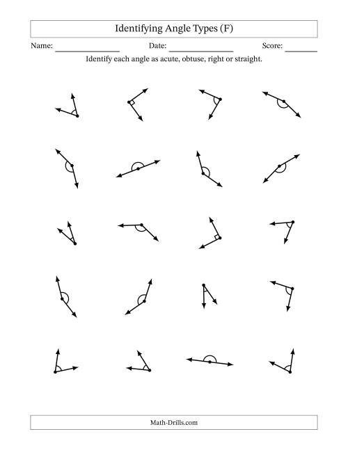 The Identifying Acute, Obtuse, Right And Straight Angles With Angle Marks (F) Math Worksheet