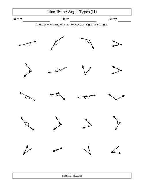 The Identifying Acute, Obtuse, Right And Straight Angles With Angle Marks (H) Math Worksheet