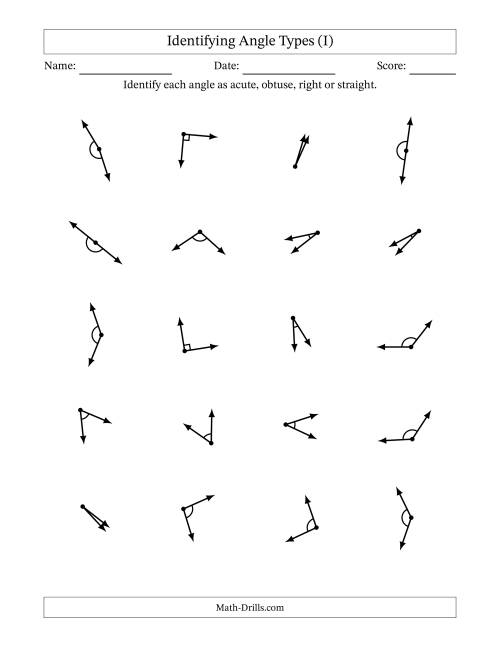 The Identifying Acute, Obtuse, Right And Straight Angles With Angle Marks (I) Math Worksheet