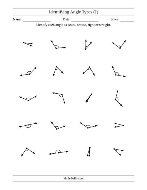 The Identifying Acute, Obtuse, Right And Straight Angles With Angle Marks (J) Math Worksheet