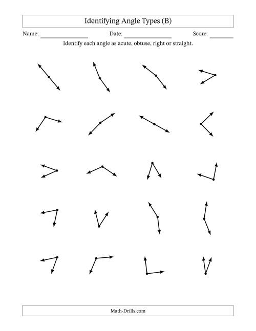 The Identifying Acute, Obtuse, Right And Straight Angles Without Angle Marks (B) Math Worksheet