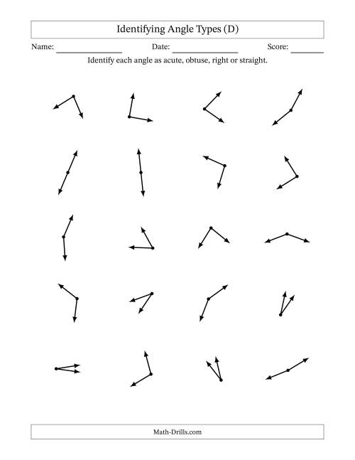 The Identifying Acute, Obtuse, Right And Straight Angles Without Angle Marks (D) Math Worksheet