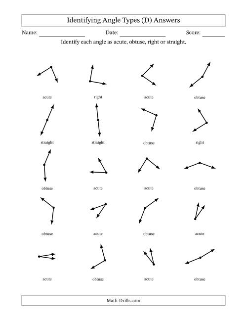The Identifying Acute, Obtuse, Right And Straight Angles Without Angle Marks (D) Math Worksheet Page 2