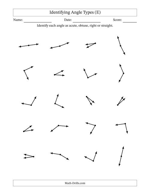 The Identifying Acute, Obtuse, Right And Straight Angles Without Angle Marks (E) Math Worksheet