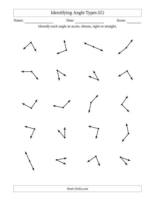The Identifying Acute, Obtuse, Right And Straight Angles Without Angle Marks (G) Math Worksheet
