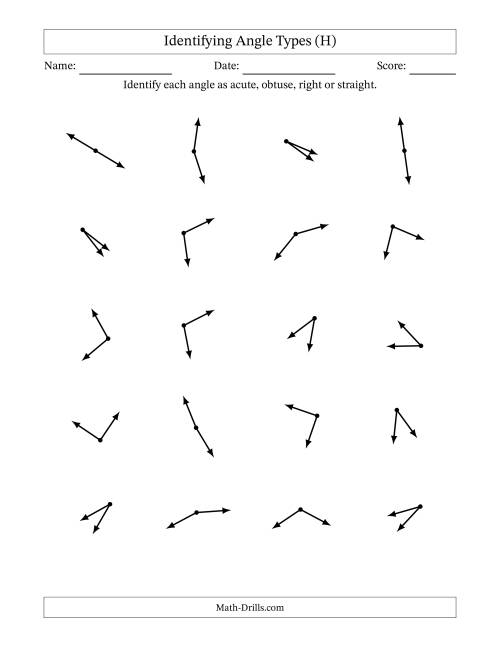The Identifying Acute, Obtuse, Right And Straight Angles Without Angle Marks (H) Math Worksheet