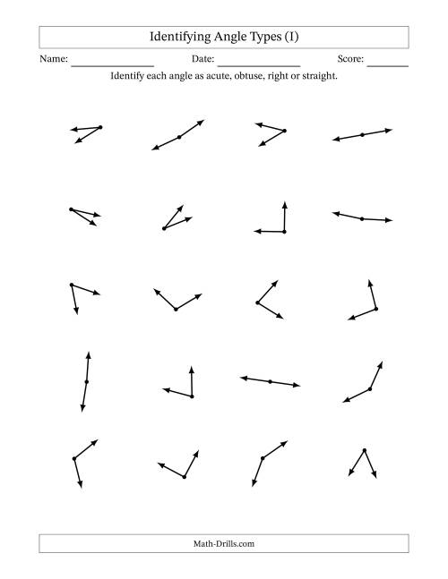 The Identifying Acute, Obtuse, Right And Straight Angles Without Angle Marks (I) Math Worksheet