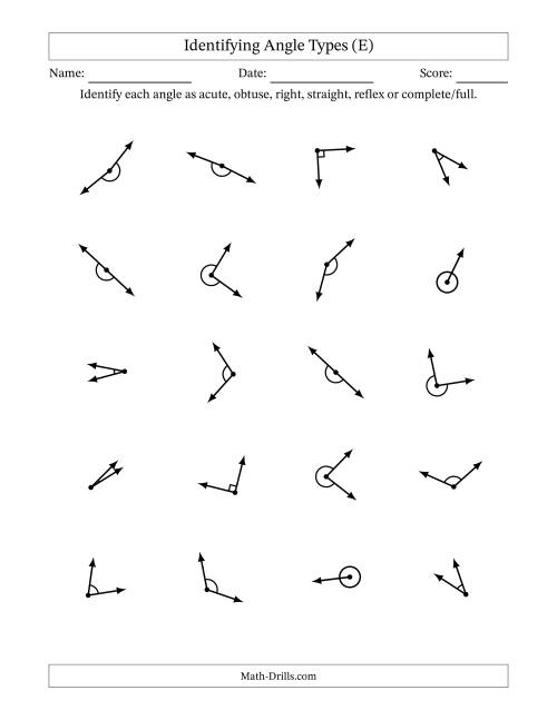The Identifying Acute, Obtuse, Right, Straight, Reflex And Complete/Full Angles With Angle Marks (E) Math Worksheet