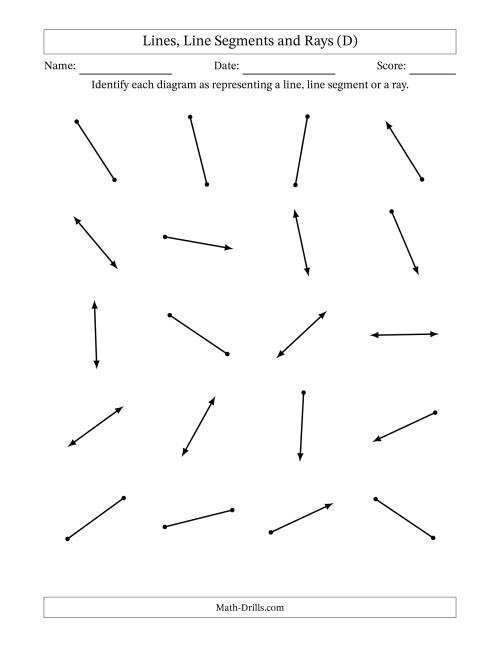 The Identifying Lines, Line Segments and Rays (D) Math Worksheet