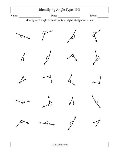 The Identifying Acute, Obtuse, Right, Straight And Reflex Angles With Angle Marks (H) Math Worksheet