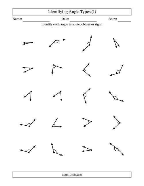 The Identifying Acute, Obtuse And Right Angles With Angle Marks (I) Math Worksheet