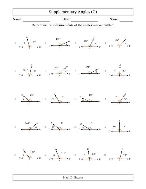The Supplementary Angle Relationships (C) Math Worksheet