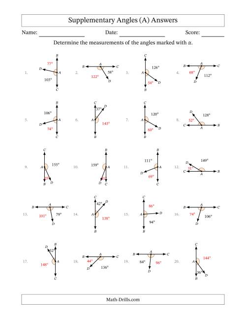 The Supplementary Angle Relationships with Rotated Diagrams (A) Math Worksheet Page 2
