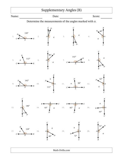 The Supplementary Angle Relationships with Rotated Diagrams (B) Math Worksheet