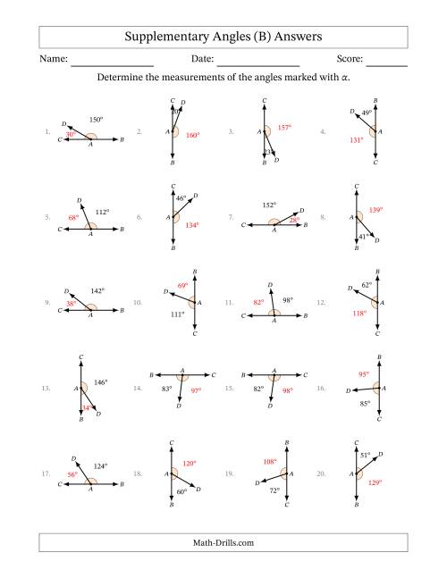 The Supplementary Angle Relationships with Rotated Diagrams (B) Math Worksheet Page 2