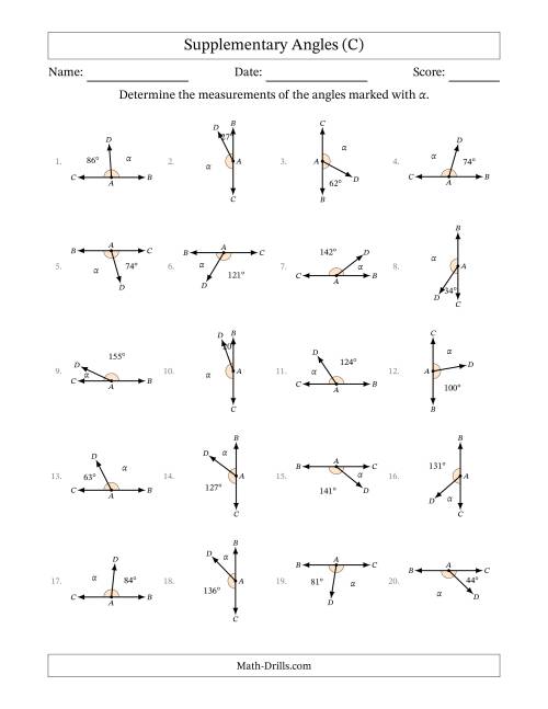 The Supplementary Angle Relationships with Rotated Diagrams (C) Math Worksheet