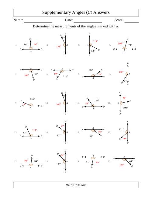The Supplementary Angle Relationships with Rotated Diagrams (C) Math Worksheet Page 2