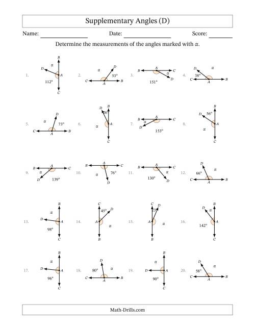 The Supplementary Angle Relationships with Rotated Diagrams (D) Math Worksheet