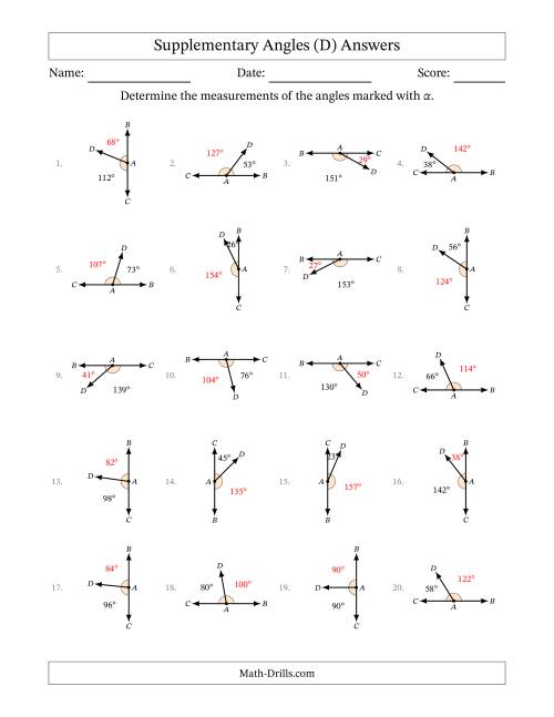 The Supplementary Angle Relationships with Rotated Diagrams (D) Math Worksheet Page 2
