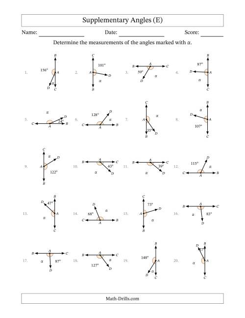 The Supplementary Angle Relationships with Rotated Diagrams (E) Math Worksheet