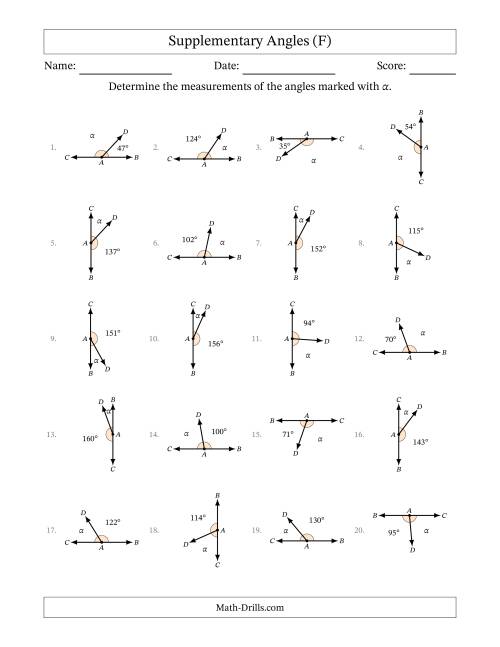 The Supplementary Angle Relationships with Rotated Diagrams (F) Math Worksheet