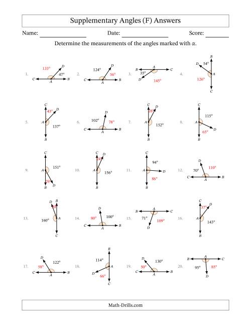 The Supplementary Angle Relationships with Rotated Diagrams (F) Math Worksheet Page 2