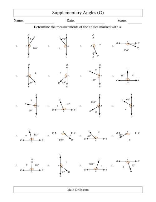 The Supplementary Angle Relationships with Rotated Diagrams (G) Math Worksheet