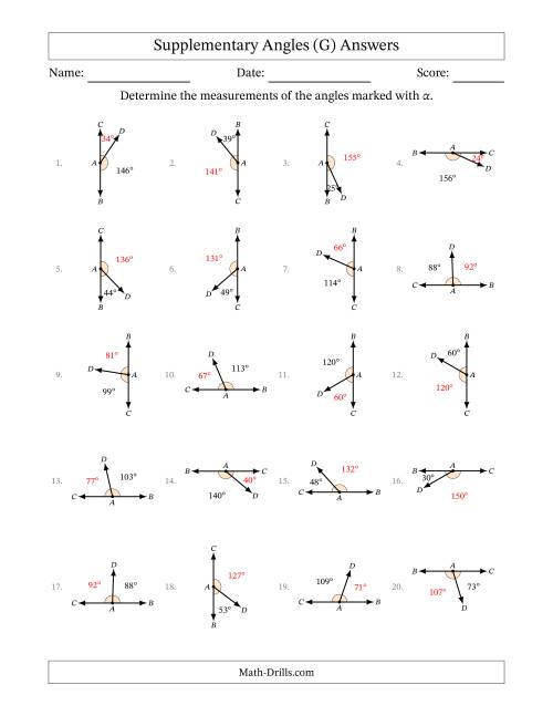 The Supplementary Angle Relationships with Rotated Diagrams (G) Math Worksheet Page 2