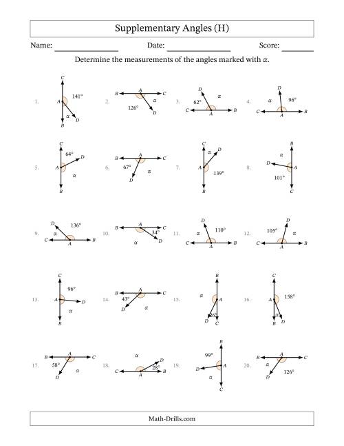 The Supplementary Angle Relationships with Rotated Diagrams (H) Math Worksheet
