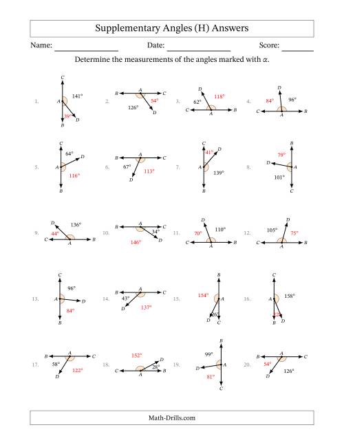 The Supplementary Angle Relationships with Rotated Diagrams (H) Math Worksheet Page 2