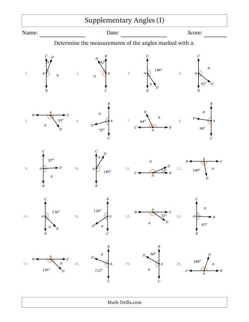 The Supplementary Angle Relationships with Rotated Diagrams (I) Math Worksheet