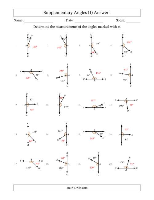 The Supplementary Angle Relationships with Rotated Diagrams (I) Math Worksheet Page 2
